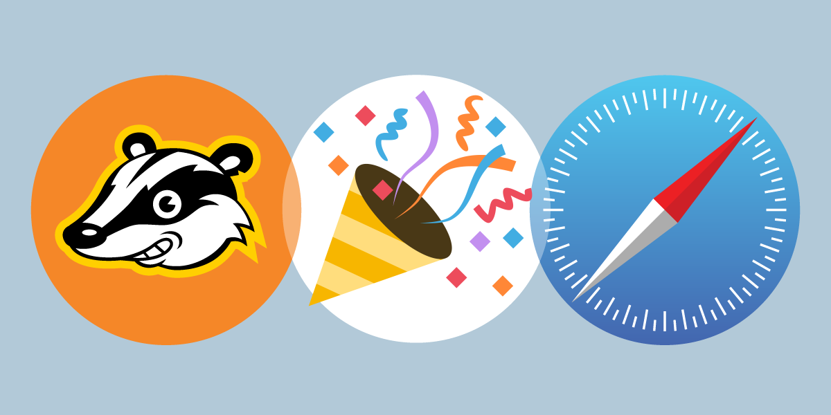 Privacy Badger logo with Tada emoji and Safari logo