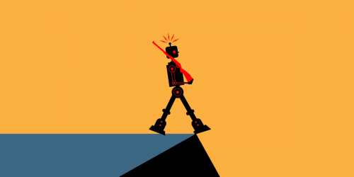 AI Military artistic representation of a robot with a red rifle walking off of a roof