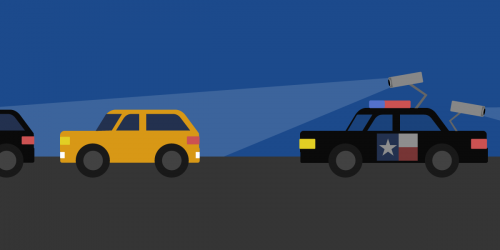 An illustration of patrol car with a Texas flag scanning a yellow car.