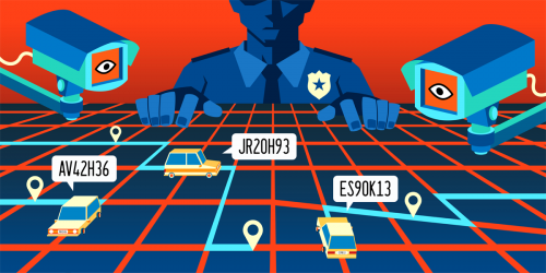 SIREN v. San Jose sinister cop and cameras loom over street grid with cars identified by license plates